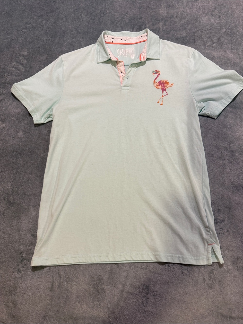Retrofit Mint Green Polo with Pink Flamingo, size M